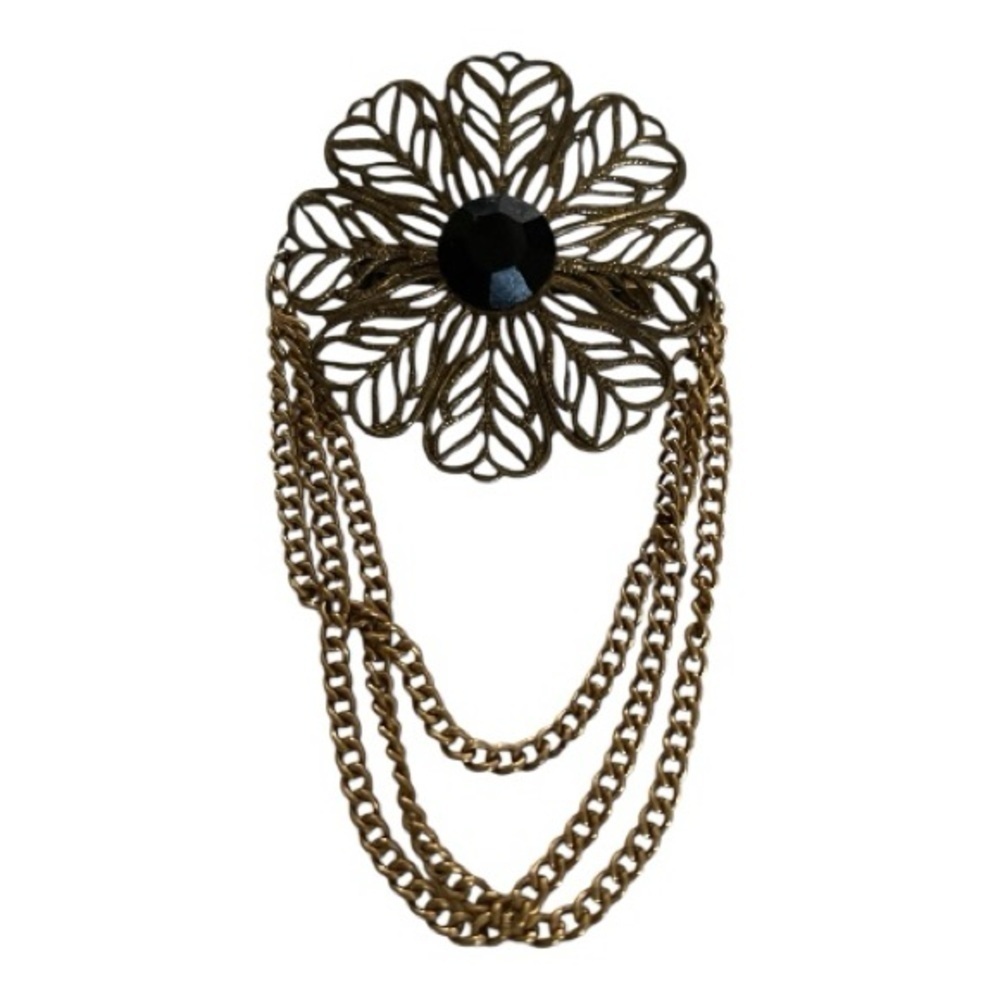 Vintage Filigree Brooch with Festoon, Brass, 3 Dangling Chains Flower Victorian